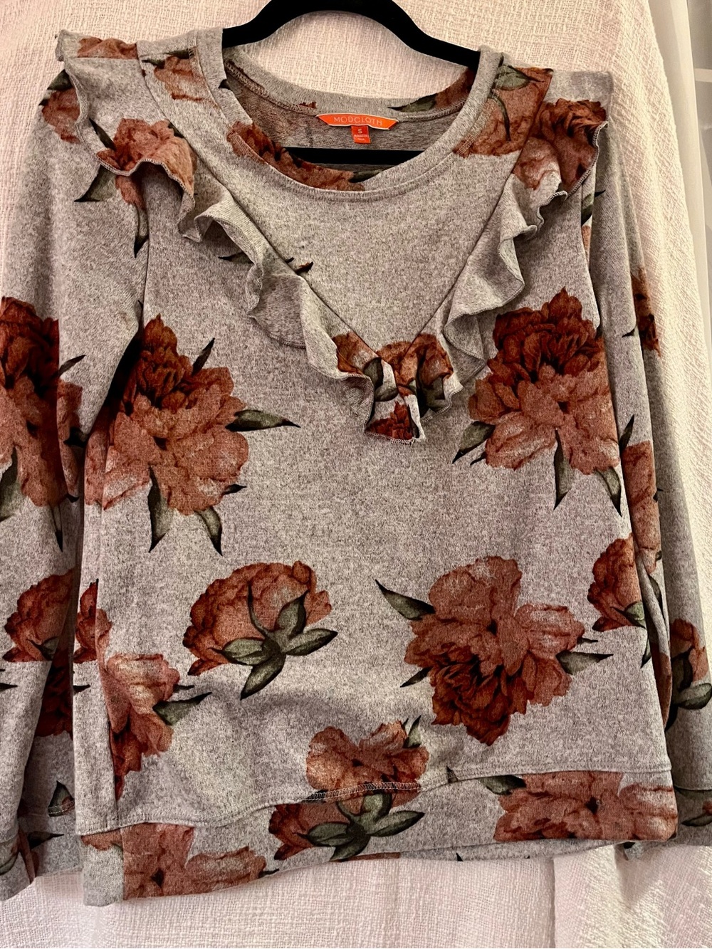 Modcloth Gray Sweater with Rust Floral Print and Ruffle Trim